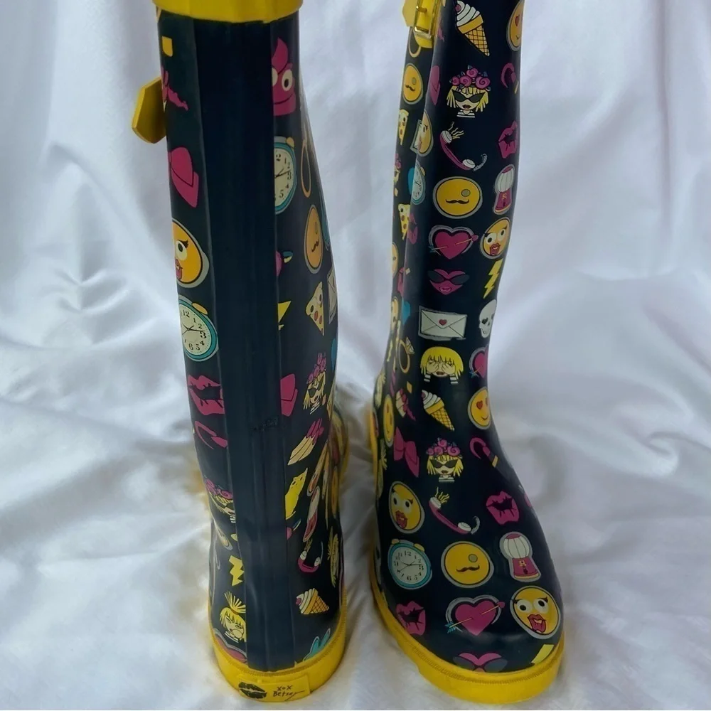 BETSEY JOHNSON Women's Emoji Rain Boots Sz 10 Multi-Color Cosplay Playful Funky